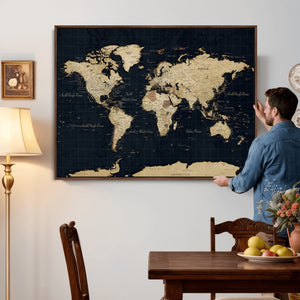Dark World Map Canvas Wall Art Print, Minimal Black and Gold
