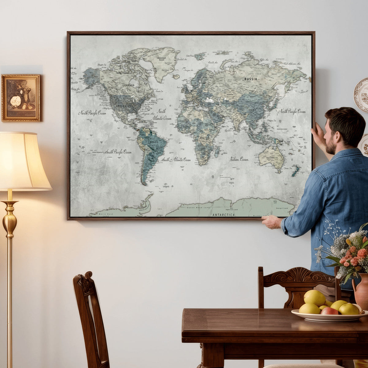 Neutral Vintage World Map Canvas Wall Art Print, Classic Map