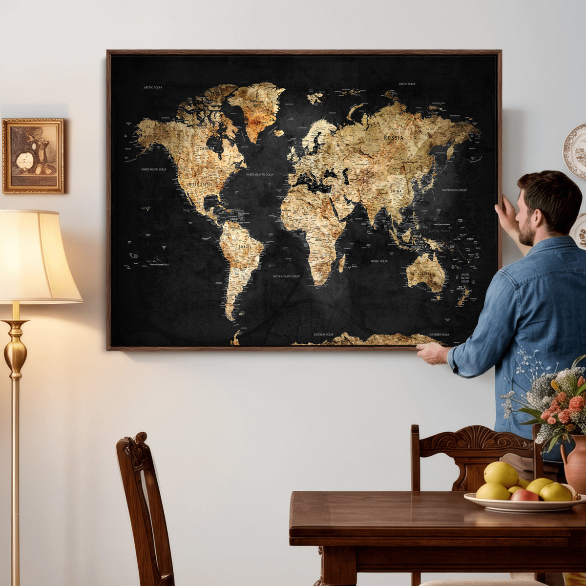 World Map Canvas Wall Art with Famous Landmarks – Framed