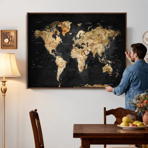 World Map Canvas Wall Art with Famous Landmarks – Framed