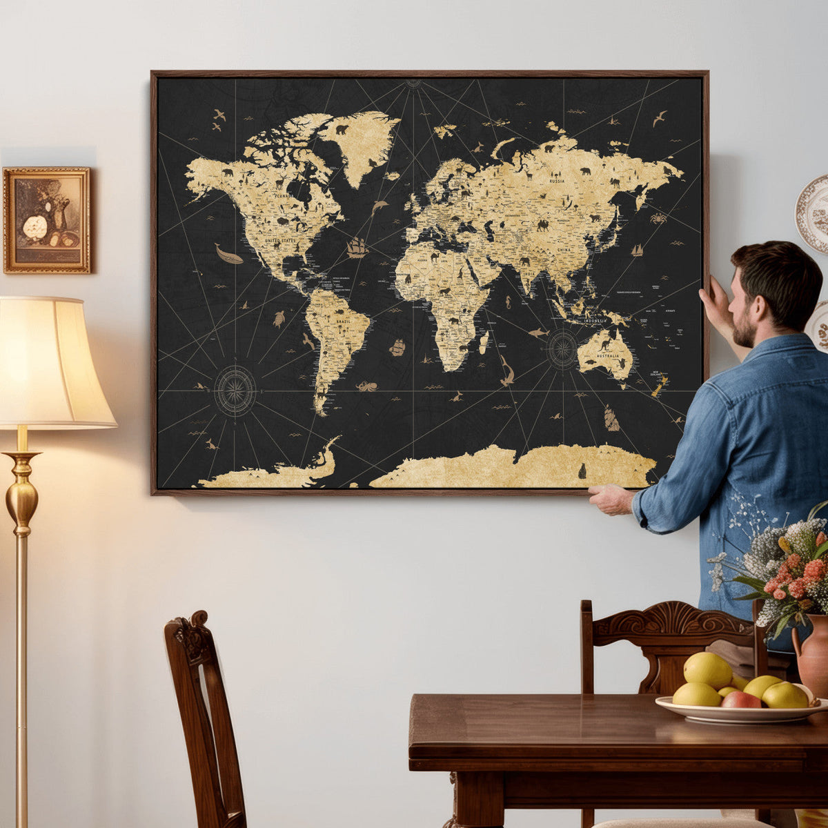 Vintage Blue and Brown World Map Canvas Wall Art – Framed