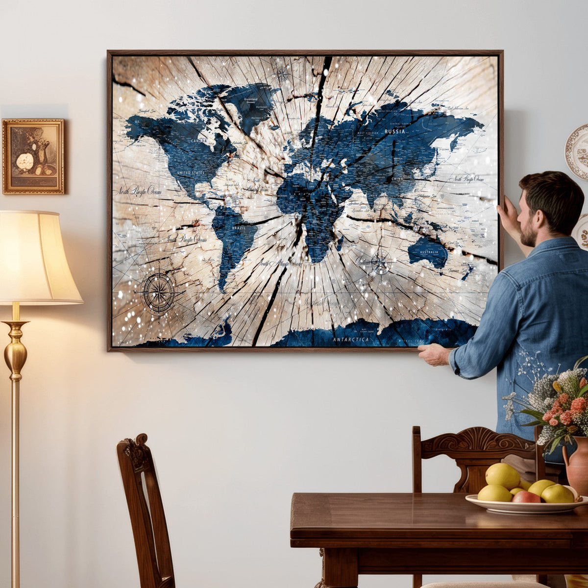 Rustic World Map Canvas Print – Framed Wall Art for Couples,