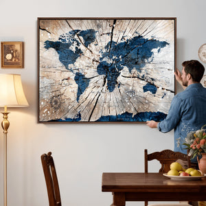 Rustic World Map Canvas Print – Framed Wall Art for Couples,