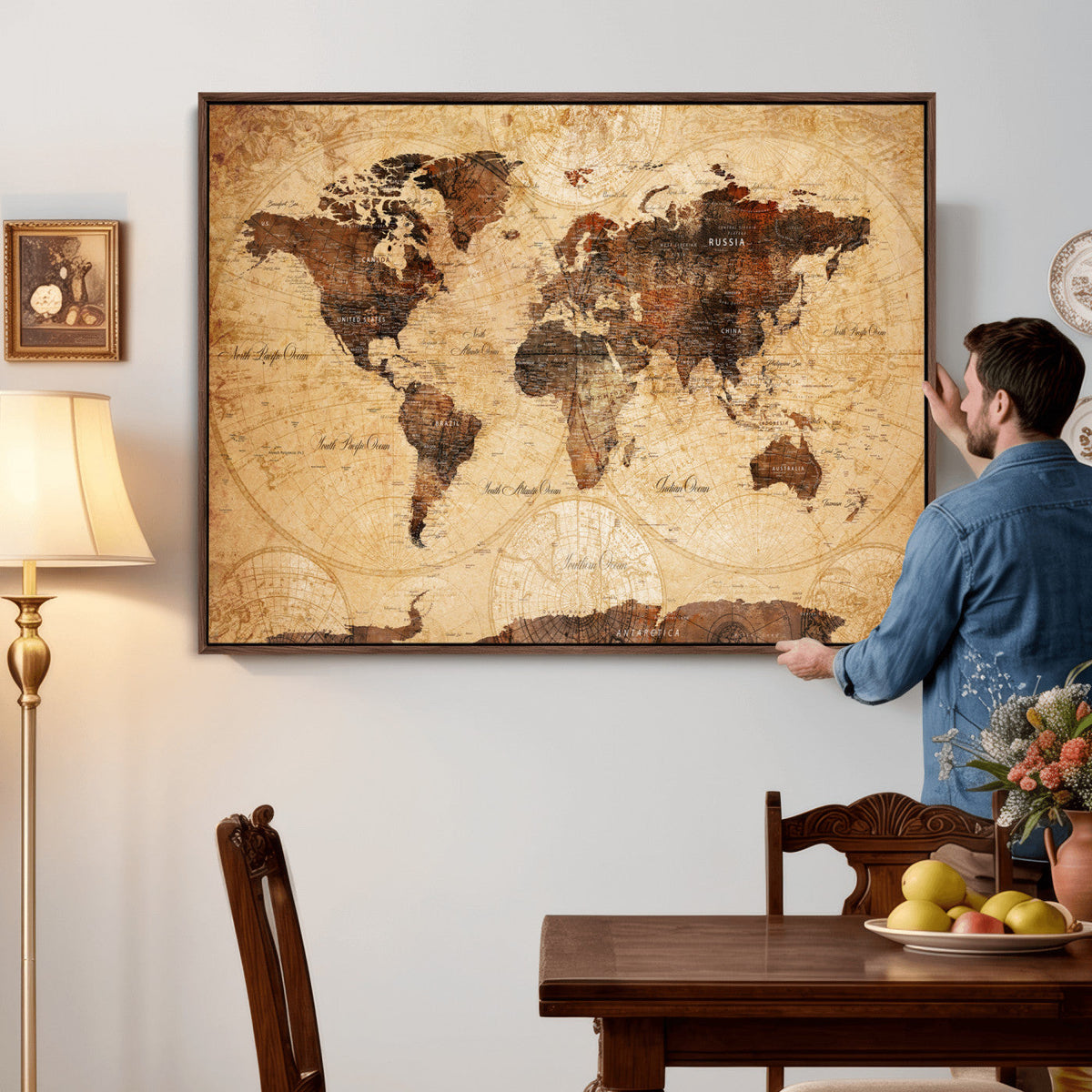 Modern Red and Gray World Map Canvas Print – Framed Wall Art