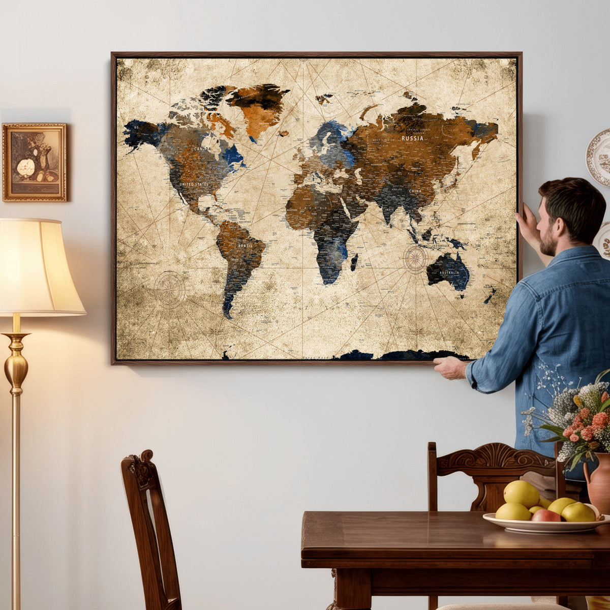 World Map Wall Art – Rustic Earth Tone Canvas Print, Antique