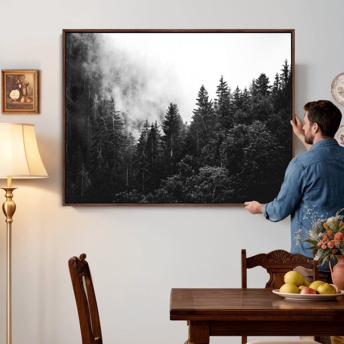Black White Forest Wall Art Canvas Print, Misty Pine Tree