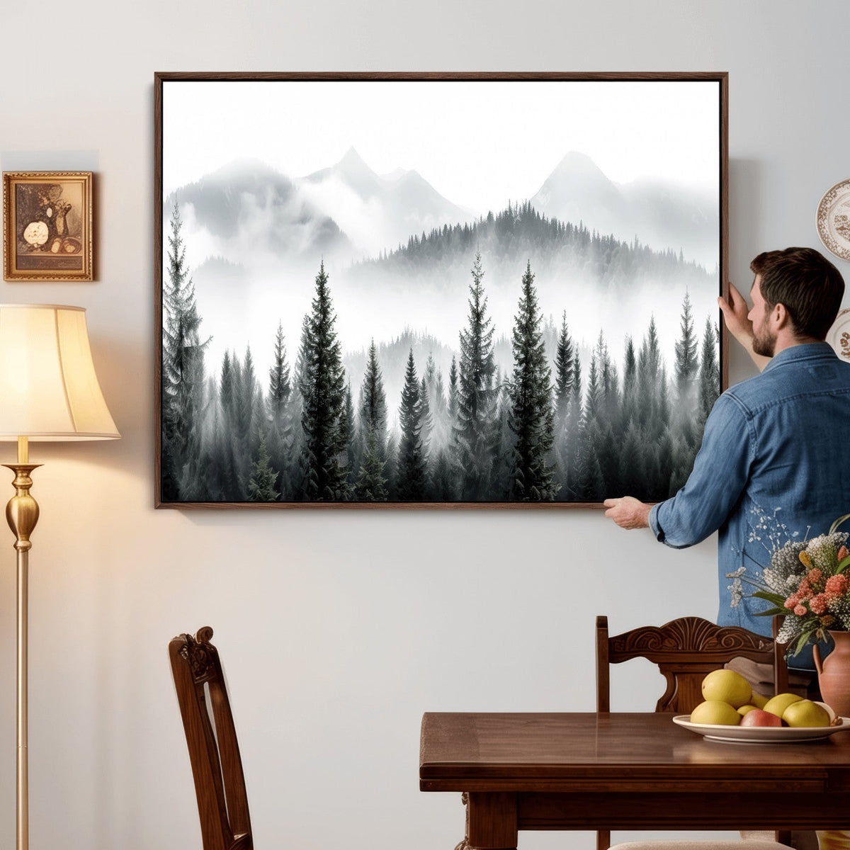 Misty Pine Forest Mountain Landscape Wall Art Canvas Print