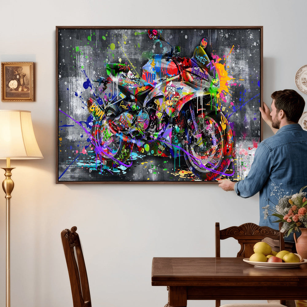 Graffiti Motorcycle Wall Art Canvas Print, Urban Street Art