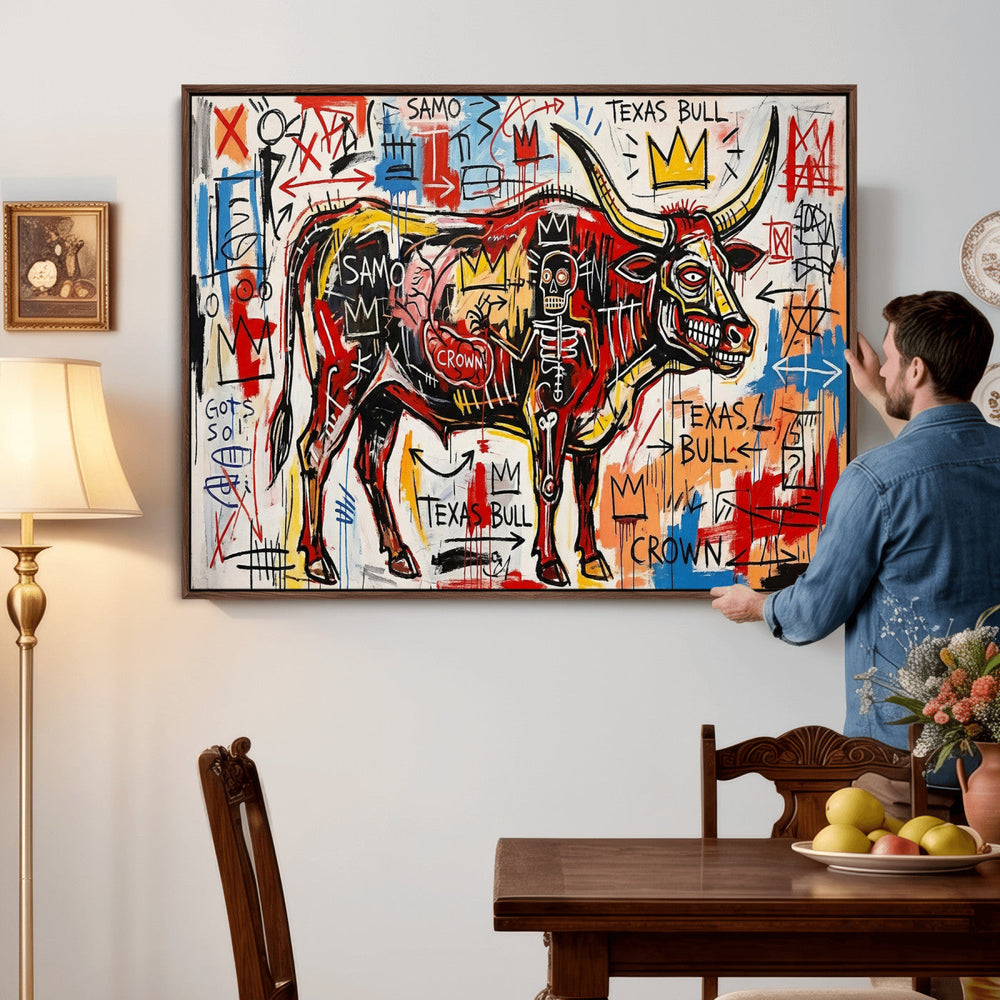 Texas Bull Wall Art Canvas Print, Abstract Graffiti Bull