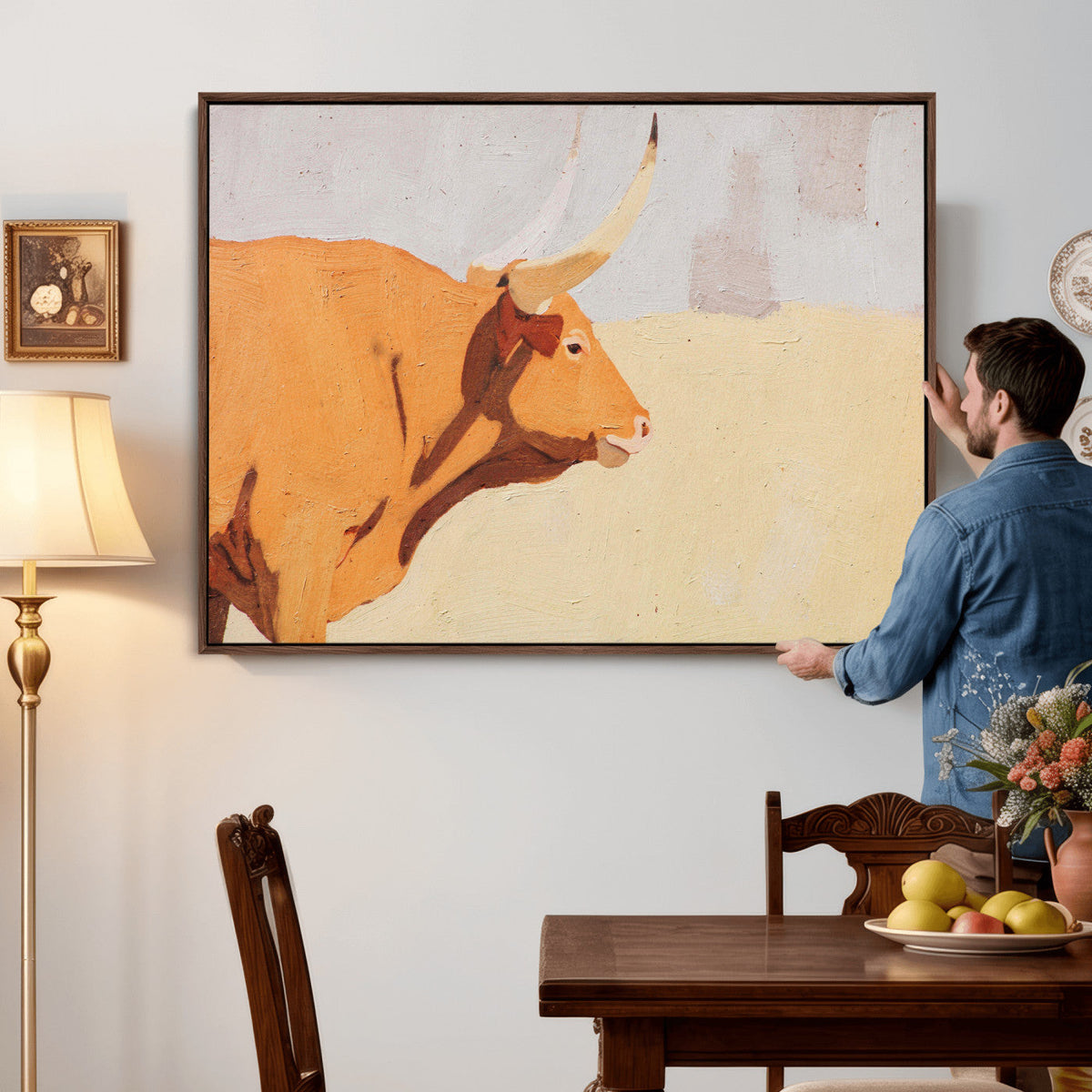 Minimal Longhorn Bull Wall Art Canvas Print, Neutral Western