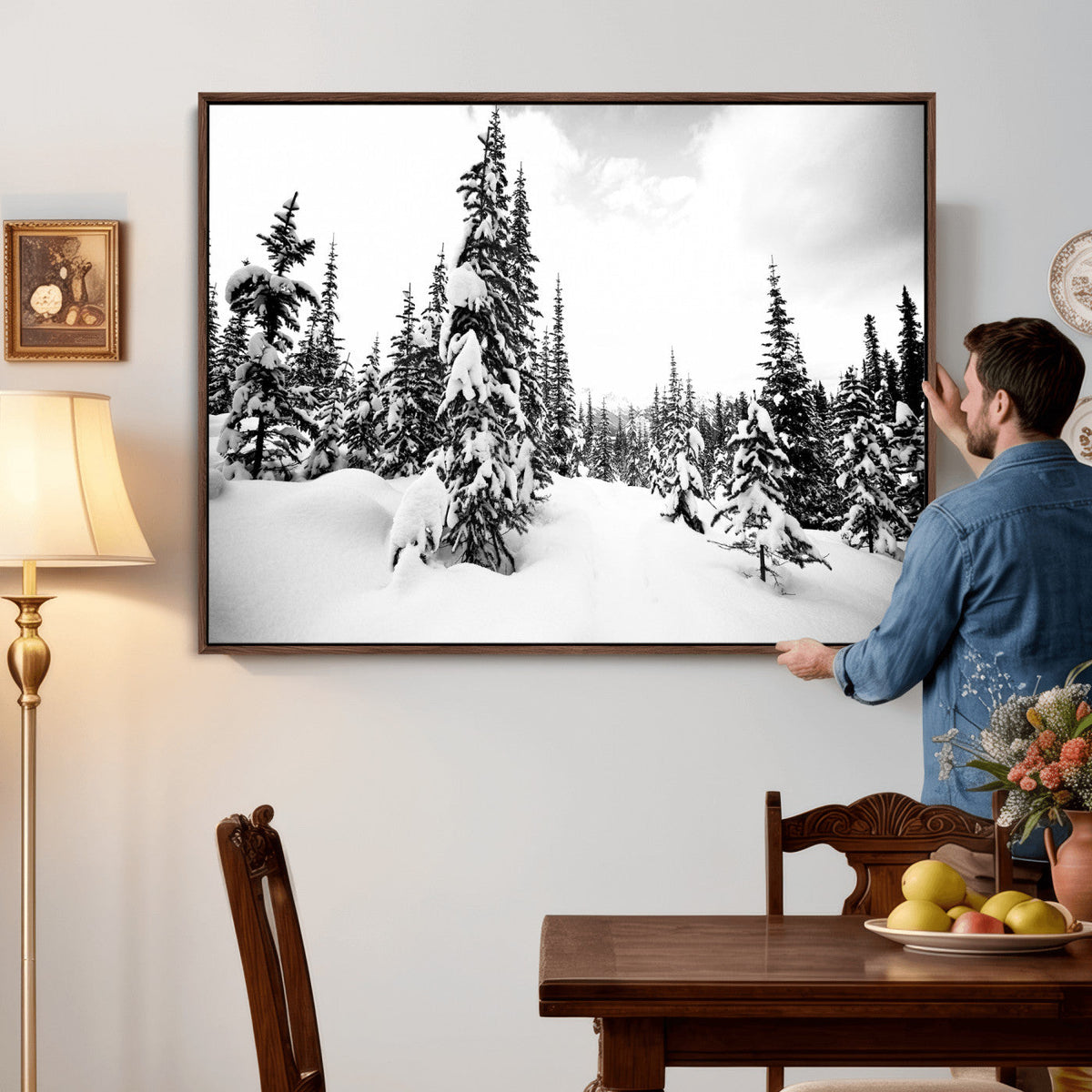 Black and White Snowy Pine Forest Wall Art Canvas Print,