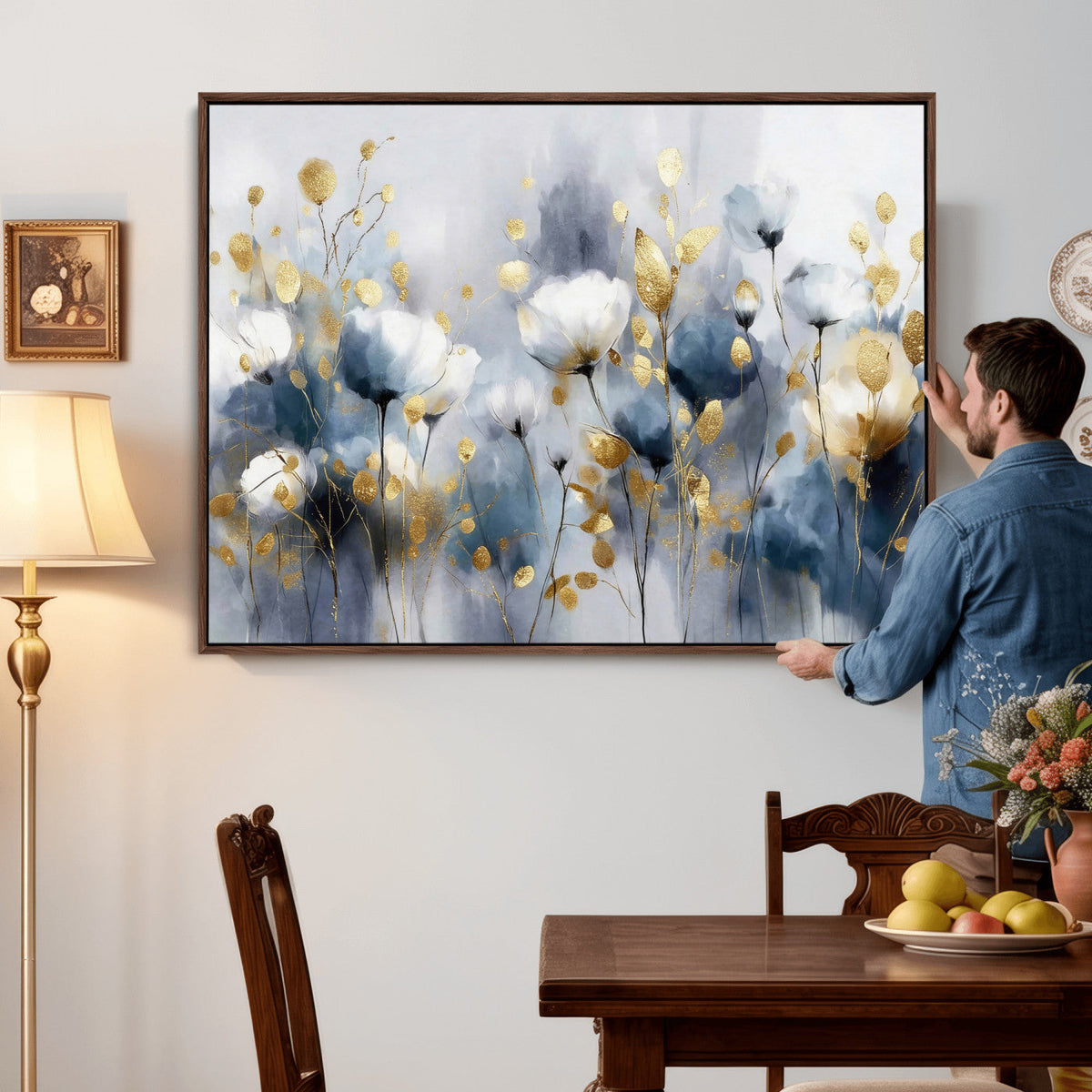 Large Abstract Flowers Wall Art Canvas Print – Gold and Blue
