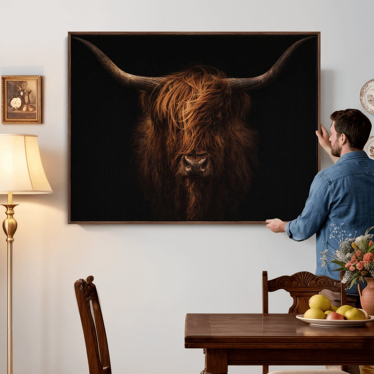 Highland Cow Wall Art Canvas Print – Moody Dark Rustic