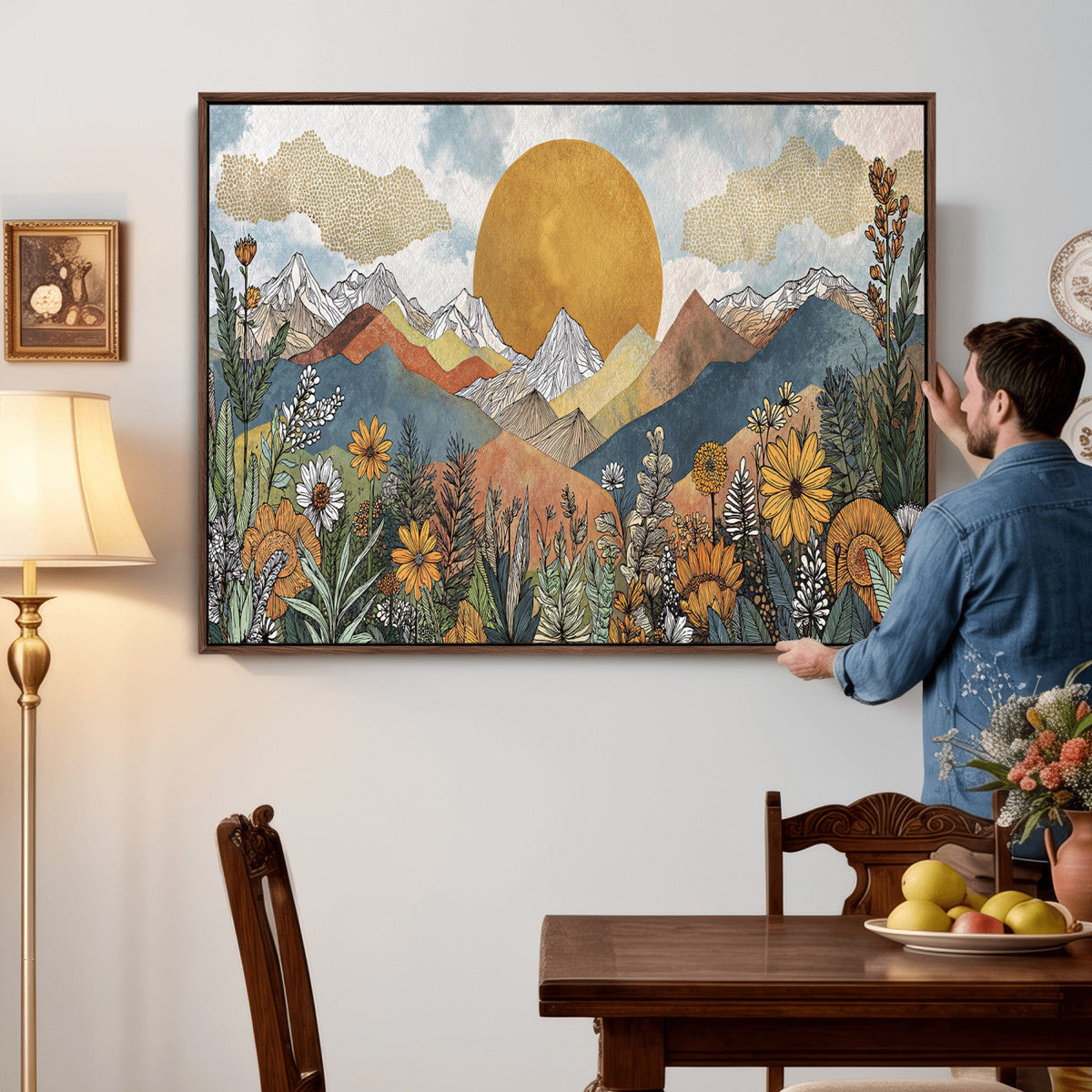 Boho Mountain Landscape Large Wall Art, Horizontal Gold