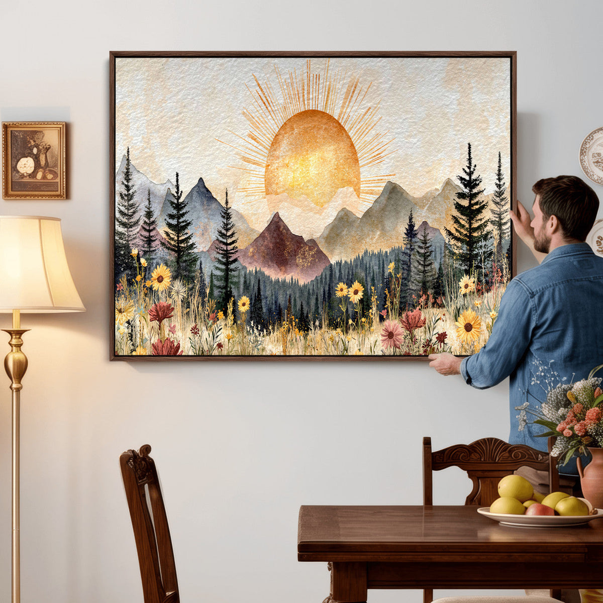 Boho Mountain Landscape Large Wall Art, Horizontal Gold
