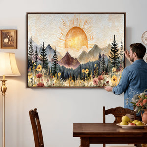 Boho Mountain Landscape Large Wall Art, Horizontal Gold