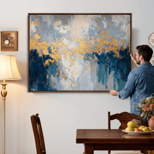 Blue Gold Abstract Large Framed Canvas Wall Art, Modern
