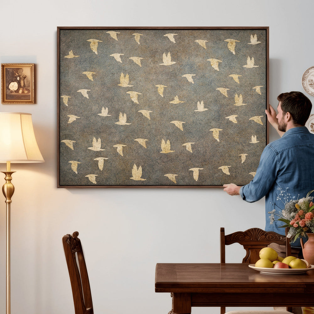 Flying Birds Canvas Wall Art, Vintage Bird Flock Pattern