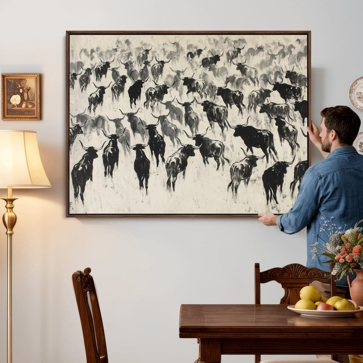 Longhorn Cattle Canvas Wall Art, Black White Stampede Ink