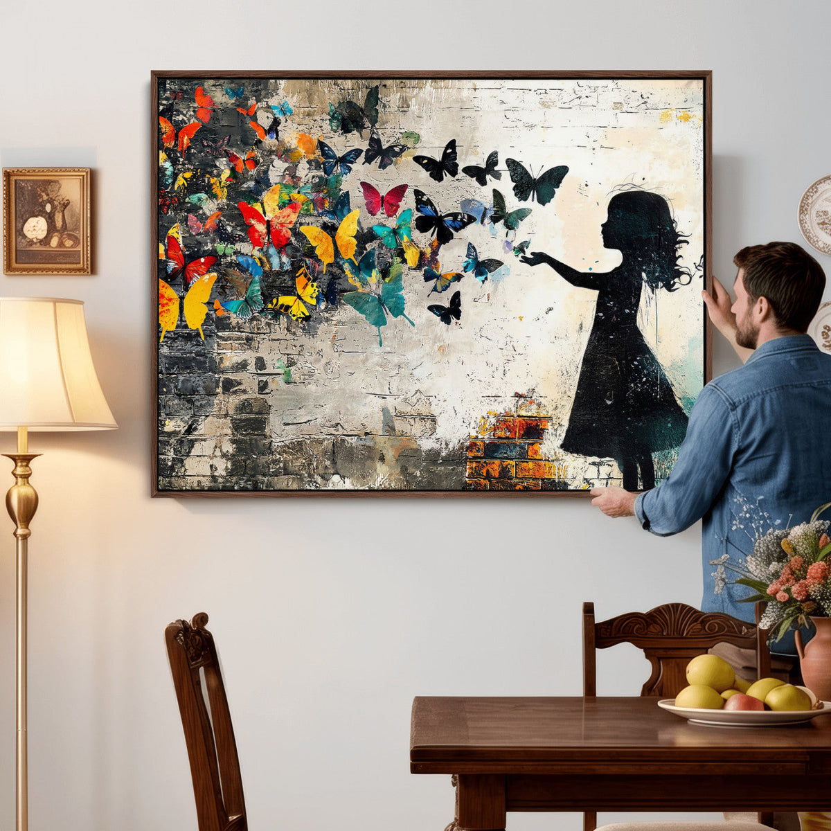 Banksy Butterfly Girl Wall Art Canvas Print, Framed Street