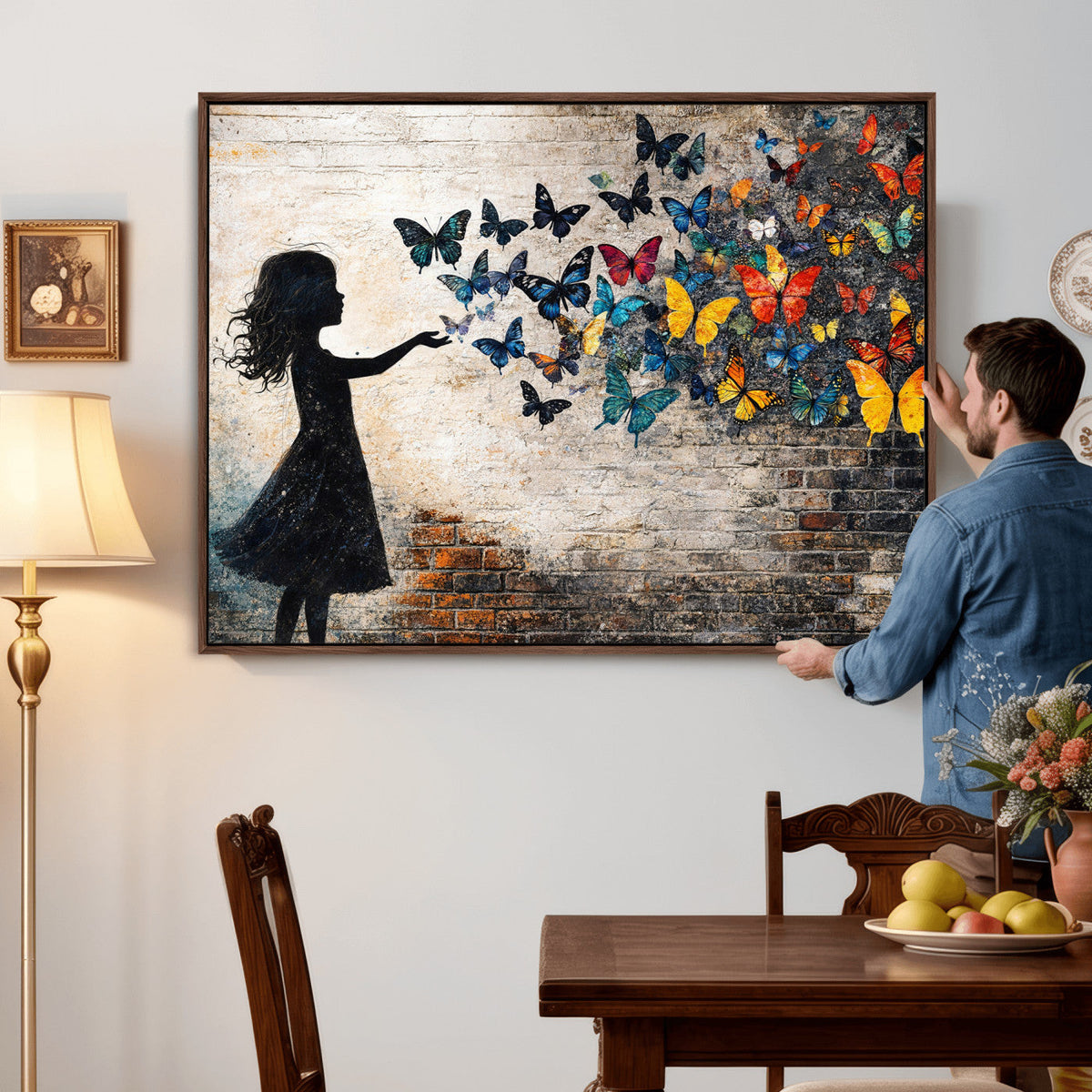 Banksy Butterfly Girl Wall Art Canvas Print, Framed Street