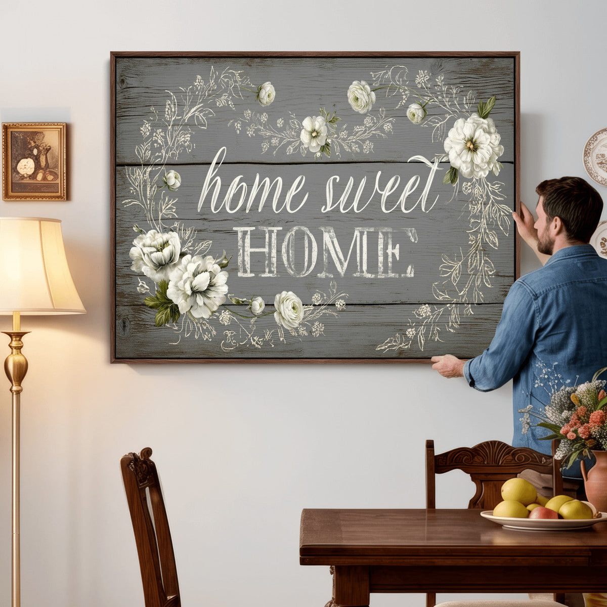 Home Sweet Home Wall Art Canvas Print, Floral Farmhouse