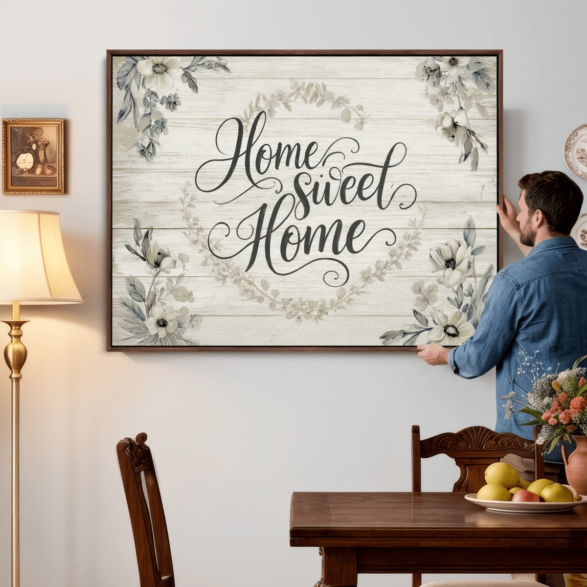 Home Sweet Home Wall Art Canvas Print, Floral Farmhouse