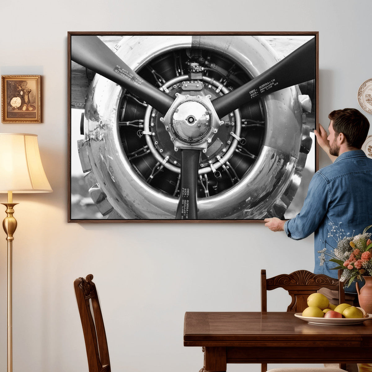 Vintage Propeller Plane Wall Art Canvas Print, Black and