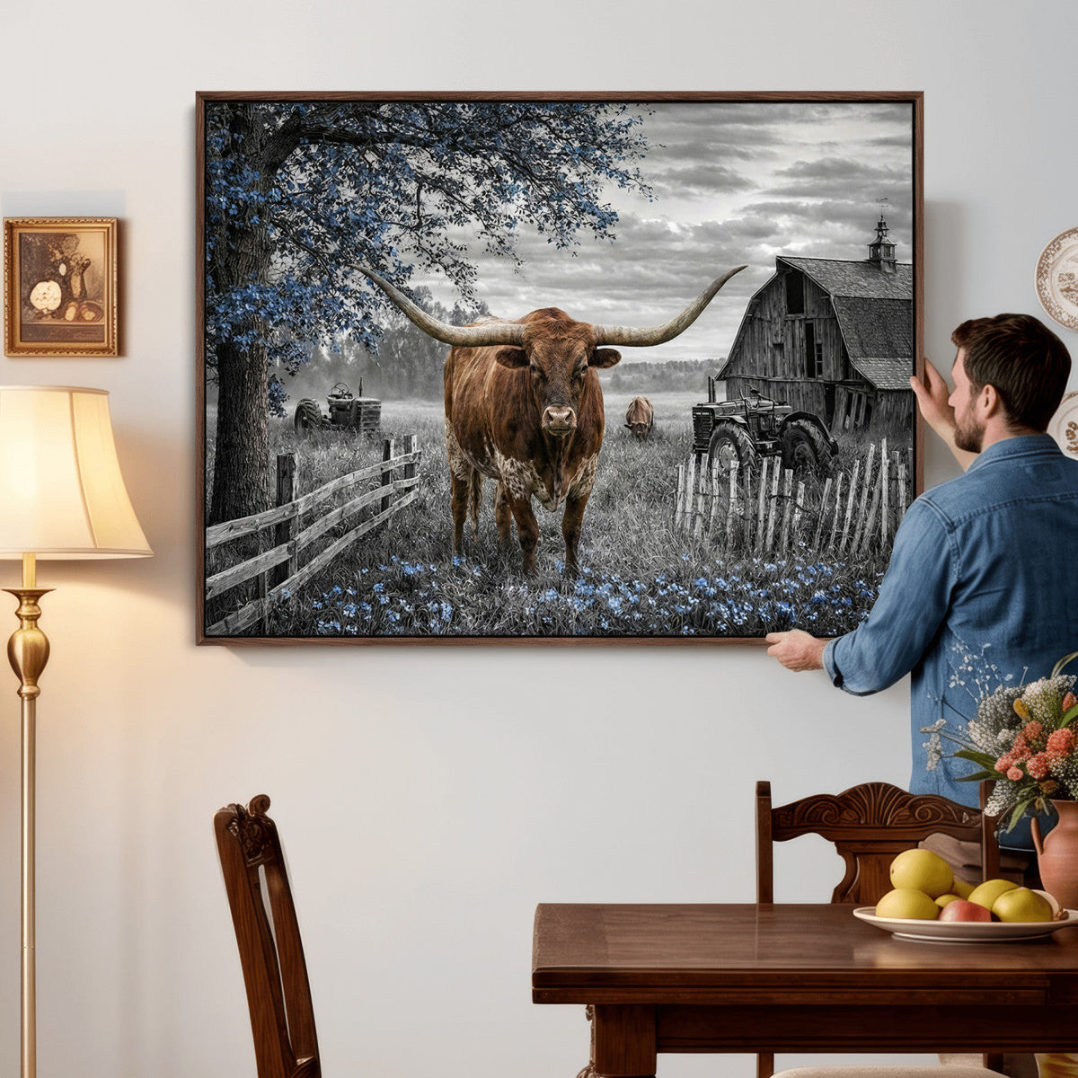 Texas Longhorn Canvas Wall Art, Rustic Farm Barn Bluebonnet