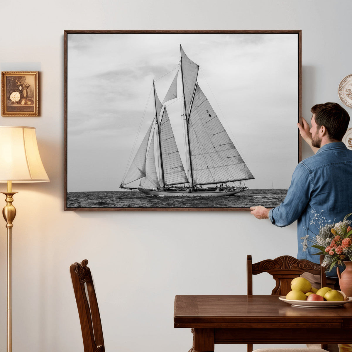 Vintage Sailboat Wall Art Canvas Print, Black and White
