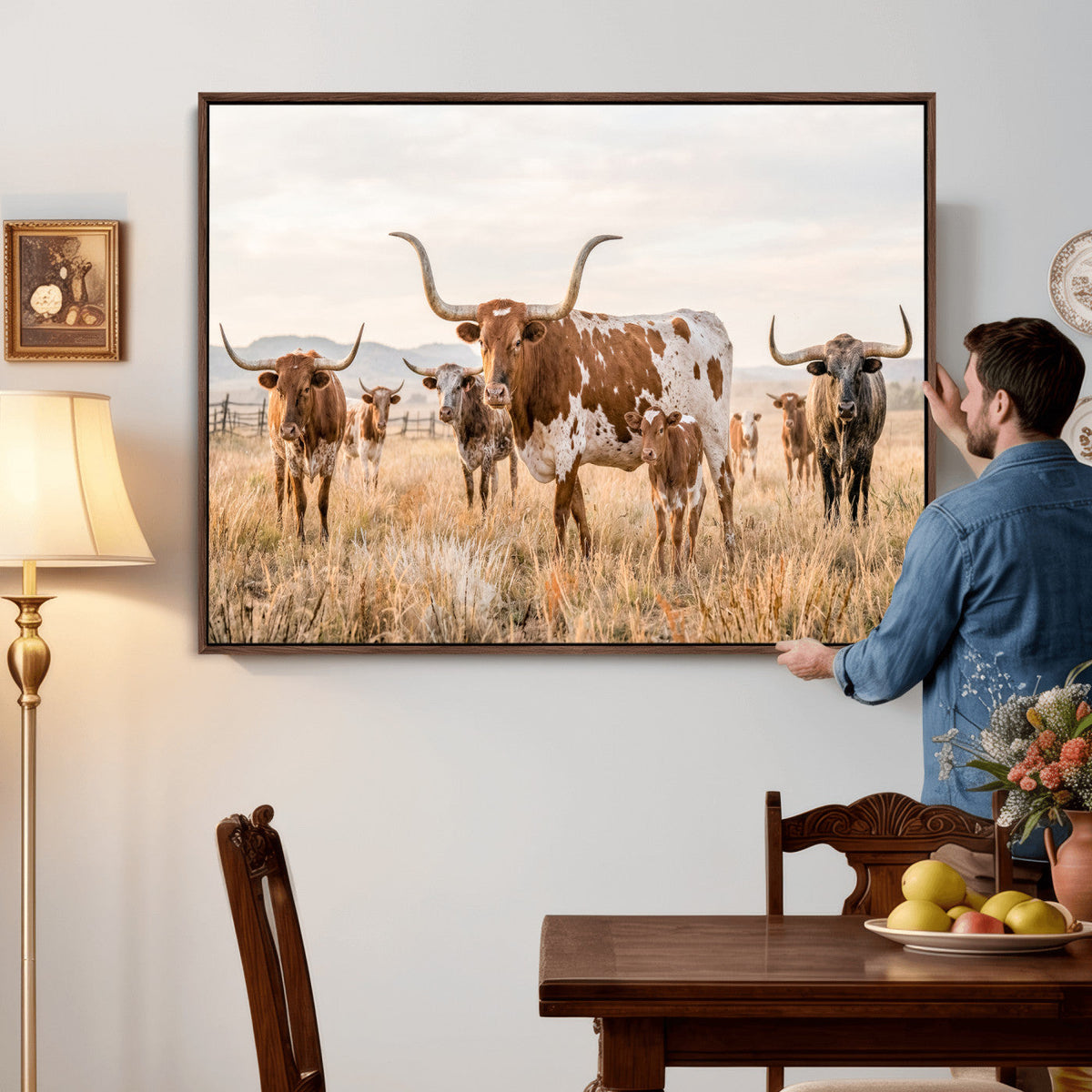 Texas Longhorn Canvas Wall Art, Rustic Farm Animal Photography Print, Farmhouse Country Decor, Western Ranch Art