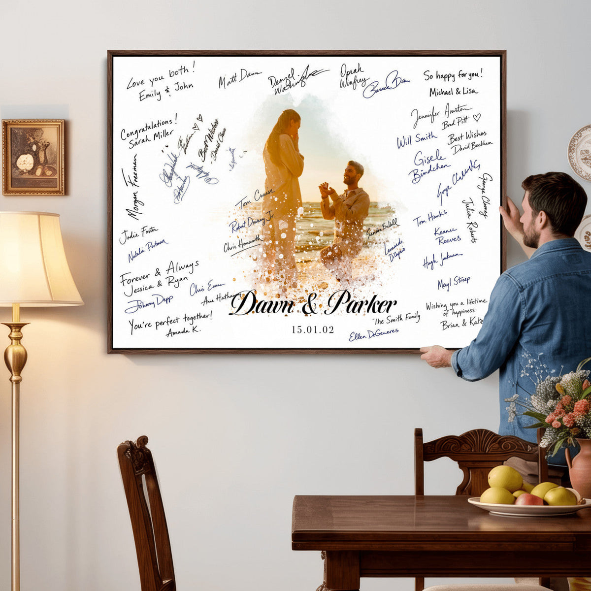 Wedding Guest Book Alternative Wall Art Canvas Print, Personalized Wedding Signature Poster, Custom Couple Photo Guestbook Canvas, Bridal Shower Reception Decor