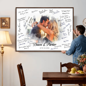 Wedding Guest Book Alternative Wall Art Canvas Print, Personalized Wedding Signature Poster, Custom Couple Photo Guestbook Canvas, Bridal Shower Reception Decor