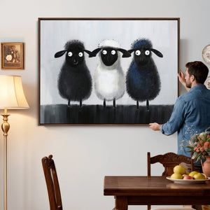 Funny Sheep Canvas Wall Art, Three Quirky Sheep Painting Print, Cute Animal Nursery Decor, Black White Navy Farmhouse Art, Kids Room Gift