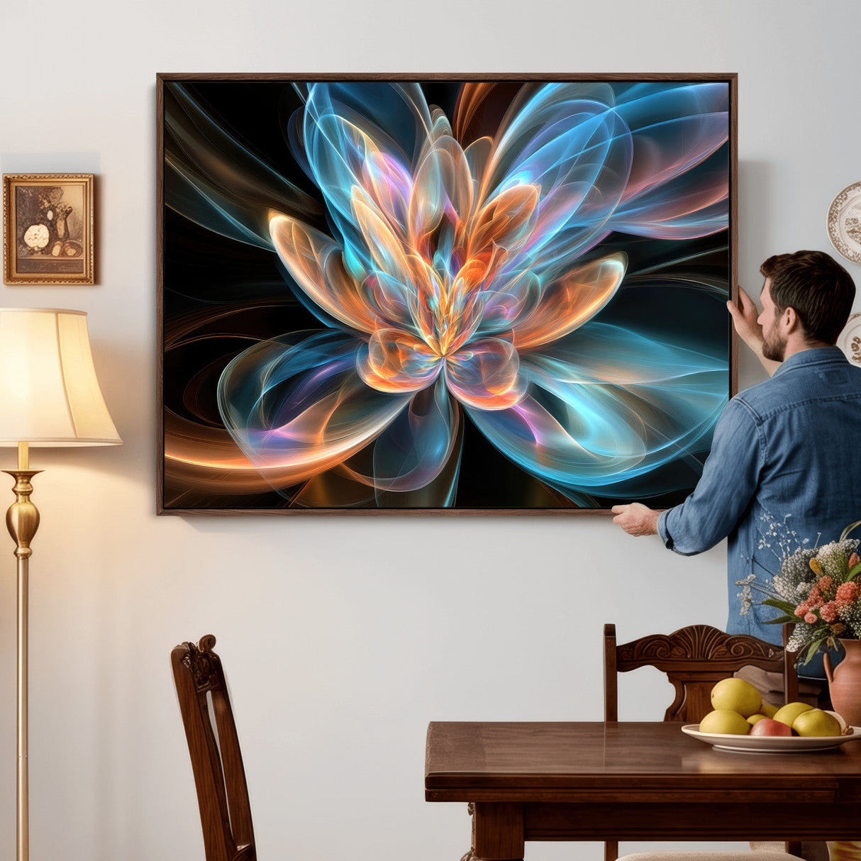 Fractal Lotus Canvas Wall Art, Blue Orange Glowing Flower Abstract Print, Modern Zen Meditation Room Decor, Ethereal Digital Art, Living Room