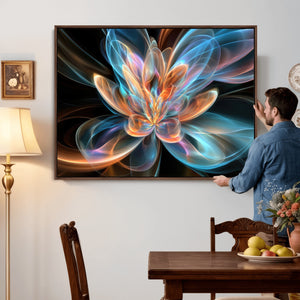 Fractal Lotus Canvas Wall Art, Blue Orange Glowing Flower Abstract Print, Modern Zen Meditation Room Decor, Ethereal Digital Art, Living Room