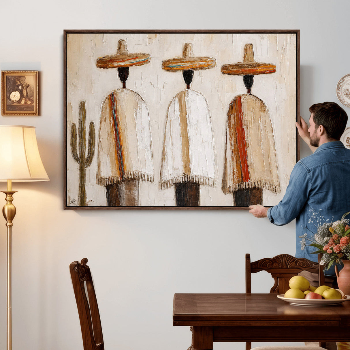 Mexican Wall Art Canvas Print, Southwestern Sombrero Poncho Painting, Neutral Earthy Boho Decor, Fiesta Living Room Art, Impasto Style Print