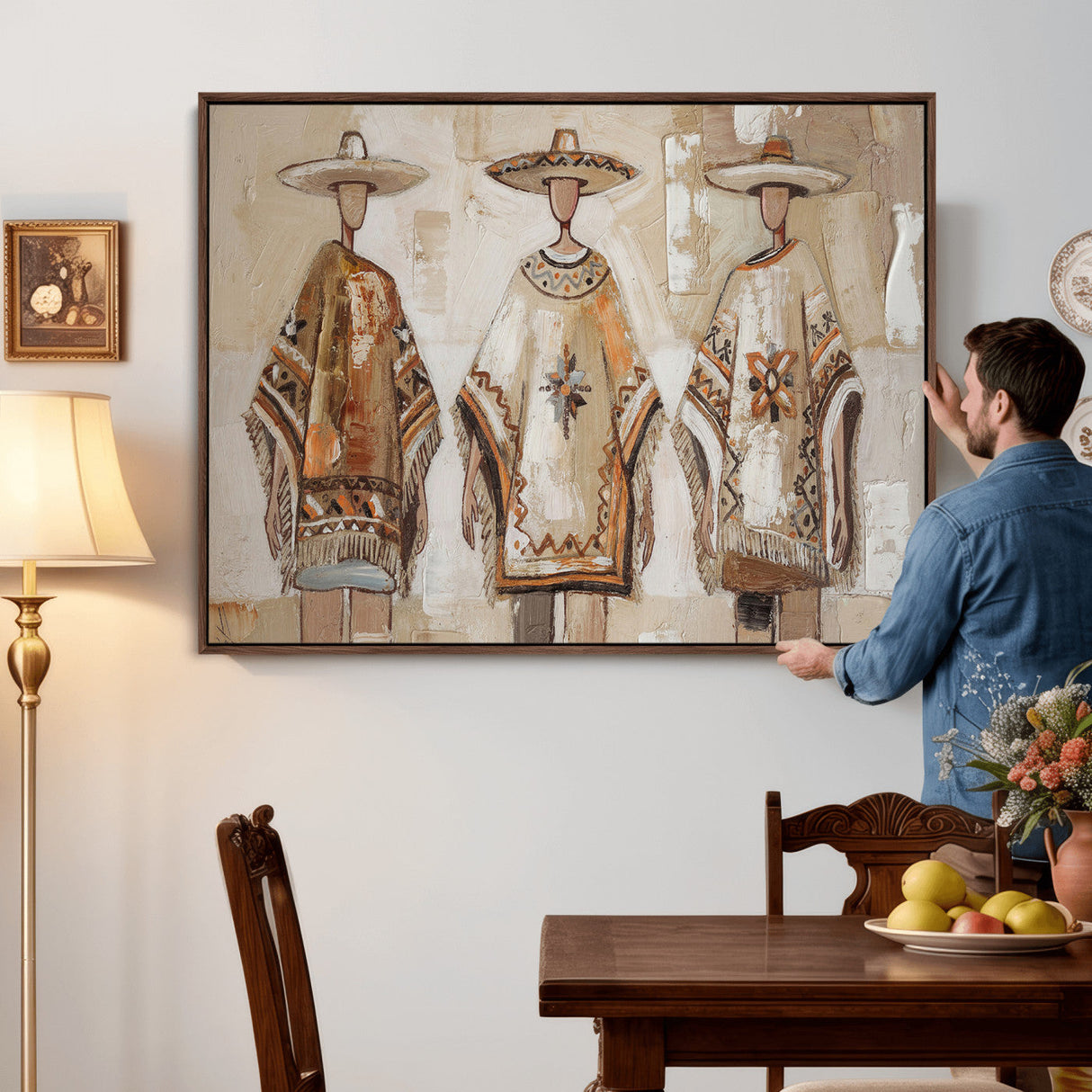 Mexican Folk Art Canvas Wall Art, Charro Poncho Sombrero Painting Print, Neutral Beige Boho Decor, Southwestern Impasto Style, Living Room Art