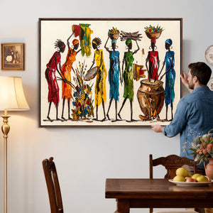 African Folk Art Canvas Wall Art, Colorful African Women Village Painting Print, Tribal Ethnic Home Decor, Vibrant African Art, Living Room