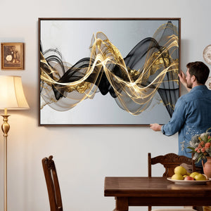 Black and Gold Abstract Wall Art, Modern Wave Canvas Print, Elegant Flowing Smoke Art, Luxury Living Room Decor
