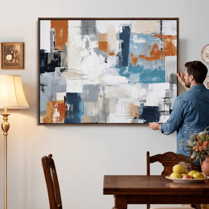 Blue Teal Abstract Canvas Wall Art, Modern Textured Painting Print, Navy Orange White Contemporary Art, Neutral Living Room Decor, Office Art