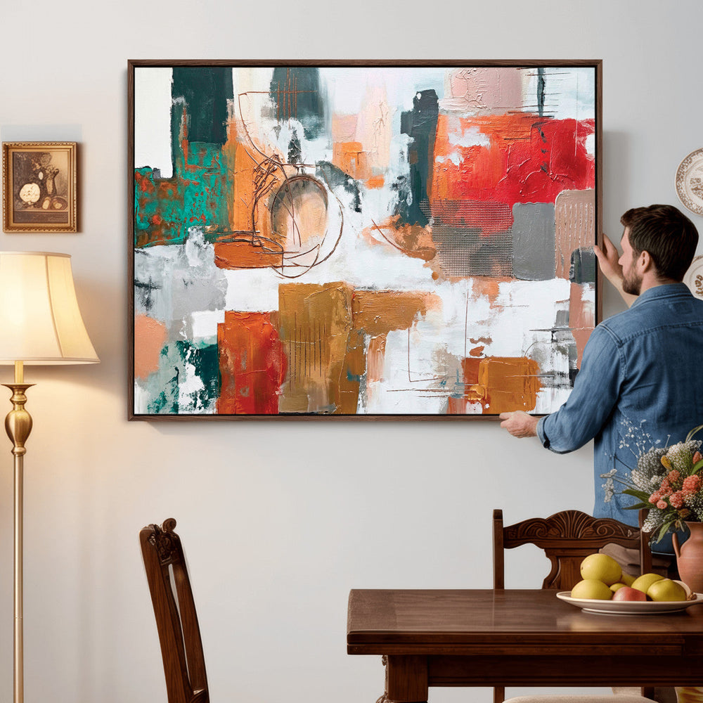 Blue Teal Abstract Canvas Wall Art, Modern Textured Painting Print, Navy Orange White Contemporary Art, Neutral Living Room Decor, Office Art