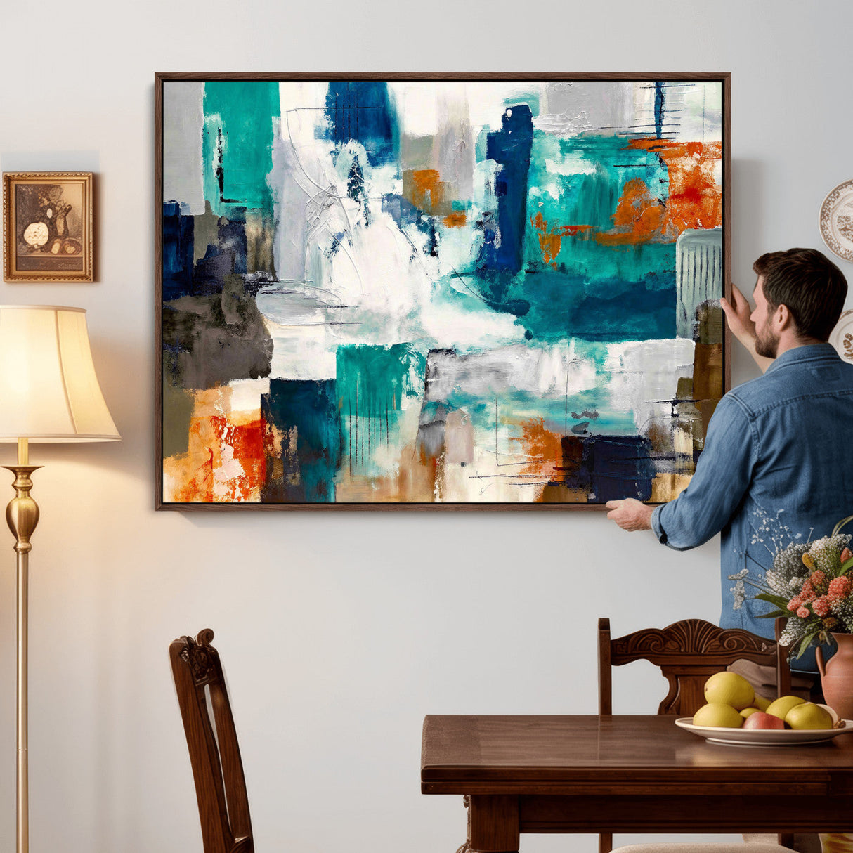 Blue Teal Abstract Canvas Wall Art, Modern Textured Painting Print, Navy Orange White Contemporary Art, Neutral Living Room Decor, Office Art