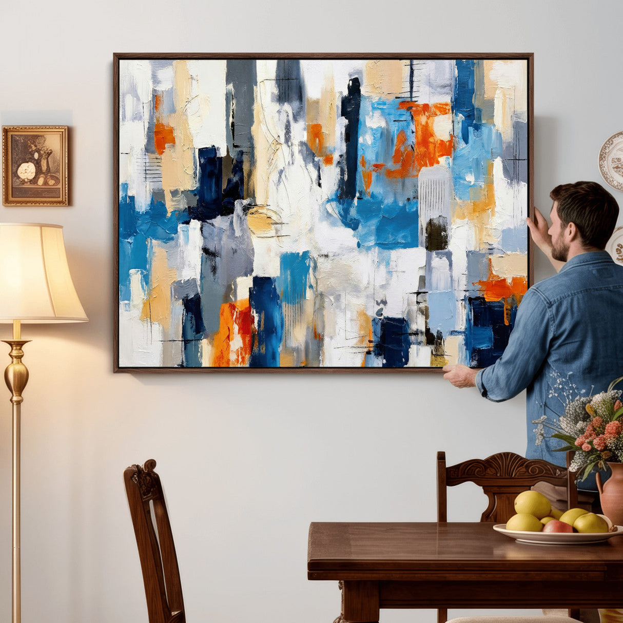 Blue Teal Abstract Canvas Wall Art, Modern Textured Painting Print, Navy Orange White Contemporary Art, Neutral Living Room Decor, Office Art