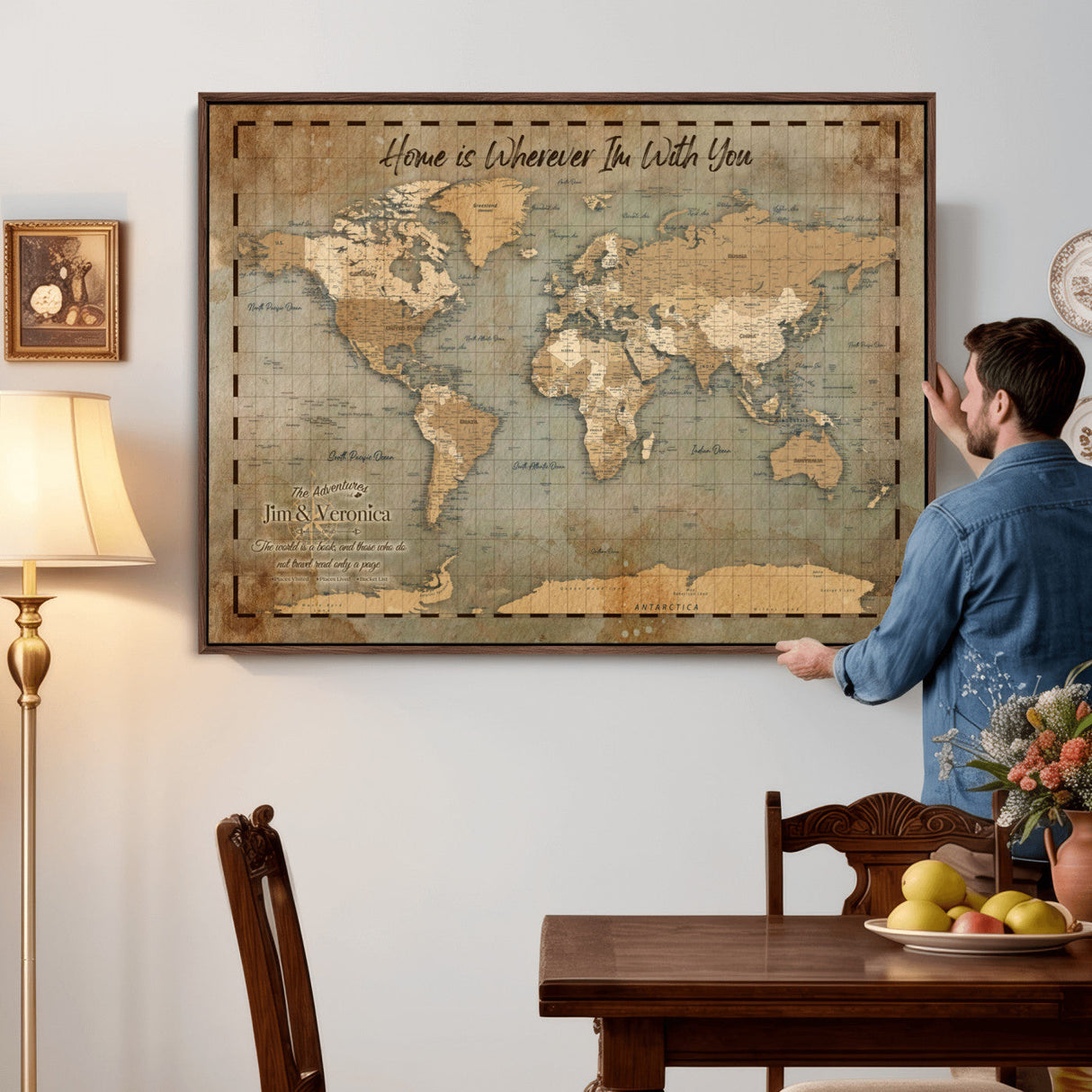 Vintage Personalized Push Pin World Map, Vintage Travel Map Canvas, Custom Names Anniversary Gift, Places Visited Pin Board, Couples Adventure Art
