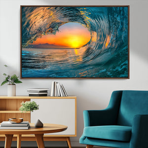 Ocean Wave Sunset Wall Art | Large Coastal Wave Canvas Print