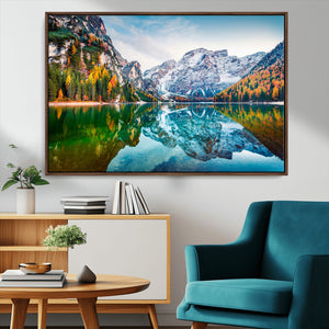 Spectacular autumn view of Braies Lake Wall Art Canvas Print