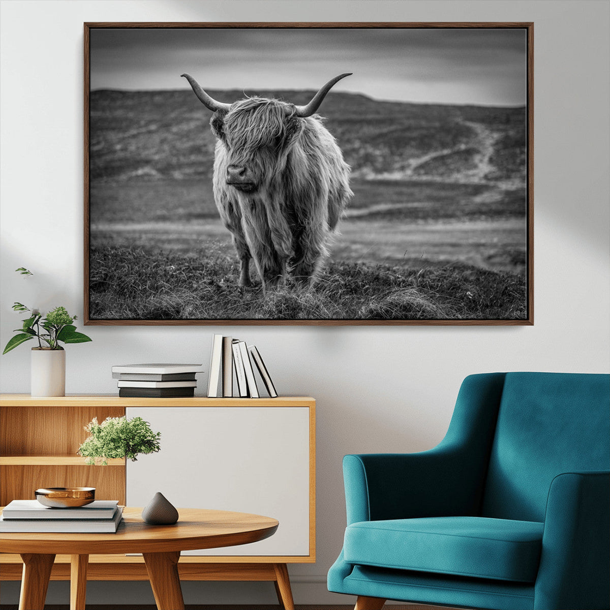 Fluffy Cattle Wall Art Print, Highland Cow Canvas, Framed