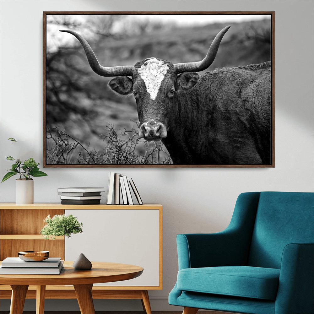 Western Home Wall Art Canvas Print, Framed Texas Longhorn