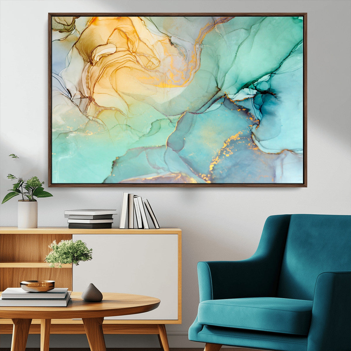 Abstract Aqua and Gold Fluid Wall Art Canvas | 3 Panel Large